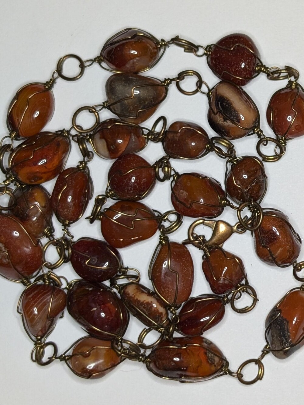Artisan Wire Wrapped Carnelian Agate Tumble Stone Collar Necklace